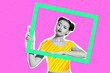 canvas print picture - 3d retro abstract creative artwork template collage of funny doubtful lady holding photo frame isolated pink neon color background