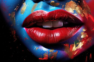 Poster - Woman With Blue and Red Face Paint, Striking and Vibrant Makeup Artistry, Ultra-close-up illustration of a woman's lips with vivid lipstick and glitter, AI Generated