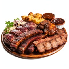 Wall Mural - a cowboy platter pork brisket ribs sausage, studio light , isolated on white background