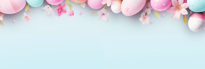 Wall Mural - Easter eggs with spring flowers on blue background banner with copy space. Panoramic web header. Wide screen wallpaper