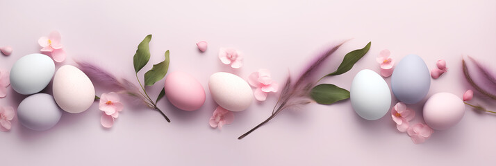 Wall Mural - Soft pastel Easter eggs and spring flowers on pink background banner. Panoramic web header. Wide screen wallpaper