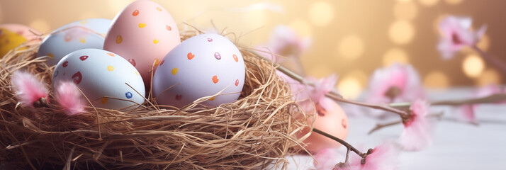 Wall Mural - Colorful Easter eggs in nest with soft bokeh and pink blossoms banner. Panoramic web header. Wide screen wallpaper