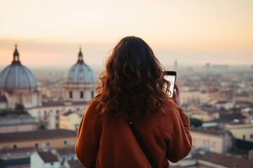 a woman capturing the beauty of the city with her camera, young woman holding phone in front of rome