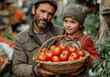 © Vadim - A farmer with a little girl holds tomato. A man holding a basket filled with ripe tomatoes stands beside a young girl, both smiling.