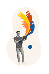Poster - Vertical collage image of black white effect positive guy use laptop painted arms isolated on creative background