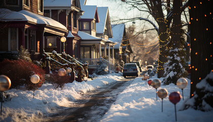 Sticker - Winter night snow covered trees illuminate the cityscape generated by AI