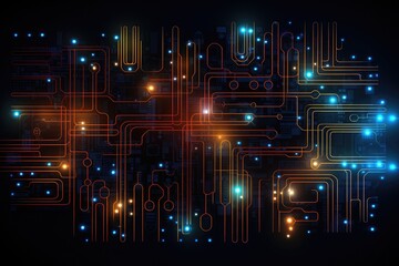 Canvas Print - A computer circuit board with glowing lights, showcasing the intricate design of technology, electricity, and connectivity., Neon circuit pattern on a dark background, AI Generated