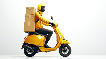 Wall Mural - Man courier riding yellow scooter with parcel box fast delivery, restaurant food and post packages delivery service, side view, isolated on the white background.