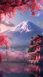 © Rizzz - art of fuji mountains in japan, sakura pink leaves in nature generated ai