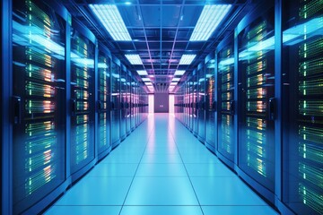 Poster - Rows of Servers in a Data Center, Efficiently Processing, Storing, and Delivering Data, Shot of Corridor in Working Data Center Full of Rack Servers and Supercomputers with Cloud Storage, AI Generated
