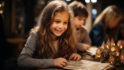 Sticker - Smiling girls bonding, reading book, enjoying cheerful childhood generated by AI