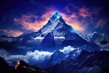 Poster - A breathtaking view of a towering mountain against a backdrop of billowing clouds, The peak of Mount Everest against a starry night sky, AI Generated