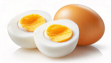 Sliced soft boiled eggs on white background