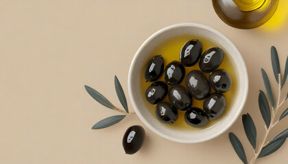 Wall Mural - Top view bowl with black olives and oil on beige background with copy space