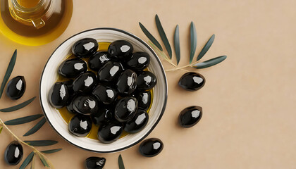 Wall Mural - Top view bowl with black olives and oil on beige background with copy space