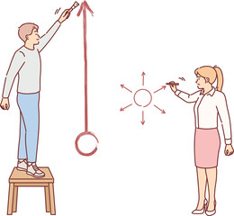 Wall Mural - Business people argue about importance concentration and unfocusing for building successful career, drawing diagrams on wall. Colleagues discussing marketing strategy to achieve business achievements