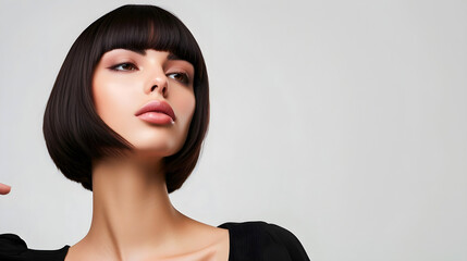 Wall Mural - Young woman with the bob cut hairstyle isolated on the white background with copy space