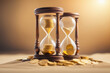 Time is money concept with coins and a sand timer. AI generated