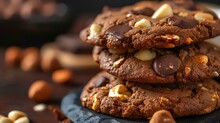 Delicious Chocolate Cookies With Nuts On The Table, Closeup. Delicious Snack
