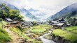 watercolor painting of the Oshino Hakkai Village Area. popular place for tourists. generative ai