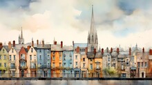 Watercolor Painting View Of Buildings With Limerick Landmarks. Generative Ai