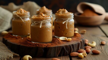 Wall Mural - Homemade creamy peanut butter in a glass jar on a wooden background