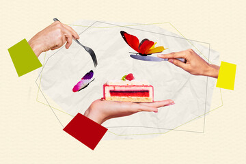 Sticker - Collage image of people arms hold fork knife piece delicious cake flying butterfly isolated on paper beige background