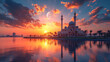 Crescent moon sunset with Suleymaniye Mosque (Ottoman imperial mosque). View from Üsküdar in Istanbul. Turkish Century 2023