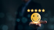 © Supatman - Customer review satisfaction feedback survey concept. Best Excellent Services Rating for Satisfaction present by Hand of Client Showing smile face with excellent rating Five Star. Customer experience,