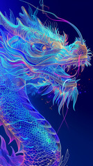 Wall Mural - AI generated  frame holographic Chinese dragon in neon color on a blue background