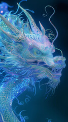 Wall Mural - AI generated  frame holographic Chinese dragon in neon color on a blue background