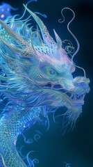 Poster - AI generated  frame holographic Chinese dragon in neon color on a blue background