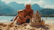 © S photographer - Caucasian grandfather and grandson build sand on the beach.