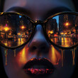 AI generated woman wearing glasses. Reflection of city in the glasses. 