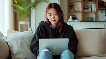 Wall Mural - Korean female blogger with an attractive and smart look, wearing a black hoodie and jeans, sitting on a couch with a MacBook on her knees, working