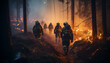 Group of people walking in the dark forest generated by AI