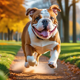 Fototapeta  - Happy Purebred English Bulldog Moving Toward The Camera Wrinkled Face Close Up. Flying dog. Generative AI