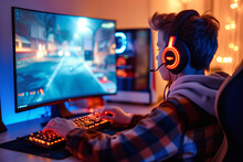 Teenage Boy Wearing Big Headphones Playing Racing Game At Home. Young Teen Kid Playing Videogame On His Desktop Computer. Computer Games Addiction In Children.