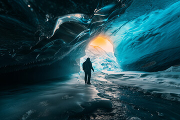 Wall Mural - Young tourist admiring a view of spectacular Icelandic ice cave. Breathtaking landscape of Iceland. Hiking by foot.