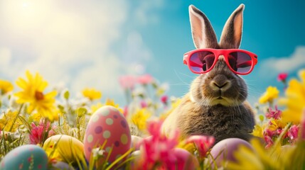 Wall Mural - funny Easter bunny with sunglasses and colourful Easter eggs sits in the grass