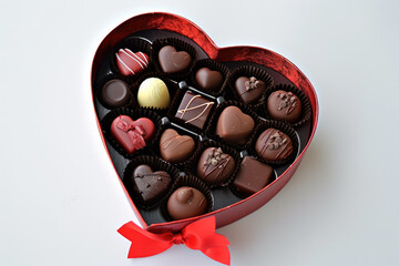 Wall Mural - heart-shaped box of chocolates with a red bow, on a white background