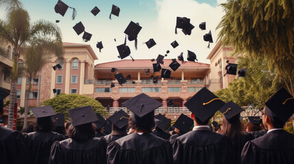 Wall Mural - A group of college students in black coats throwing their hats in the air against a campus background.