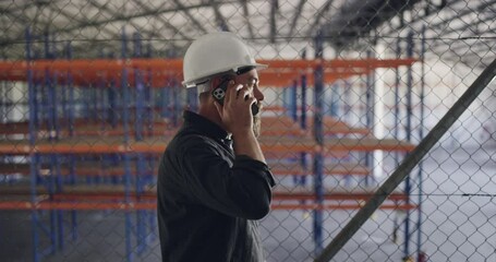Poster - Engineer, man and phone call at warehouse, conversation and planning logistics project. Smartphone, factory and contractor talking for building maintenance, communication technology and shipping