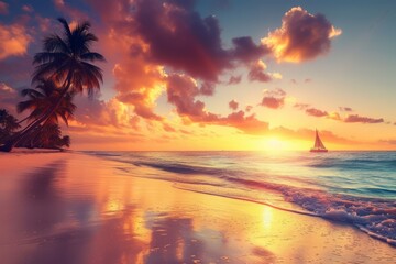 Wall Mural - Tropical beach at sunset with palm trees and sailboat on calm sea