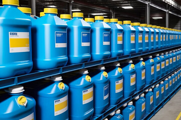 Wall Mural - Close-up of rows liquid blue containers on rack in warehouse storage of chemical liquids. Backdrop of storage cans in industry warehouse. Concept of warehousing and stored of goods. Copy ad text space