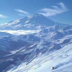 Wall Mural - Four skiers are skiing down a steep mountain slope on a sunny day with a large snow-capped mountain in the distance