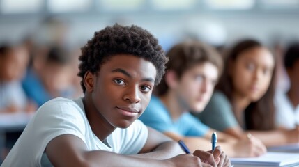 Portrait of a smiling African-American teenage boy sitting at a desk in a classroom with other students in the background