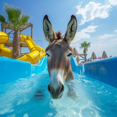 A content donkey takes a refreshing dip in the crystal blue pool, embracing the beauty of the outdoor sky while embodying the playful nature of a mule