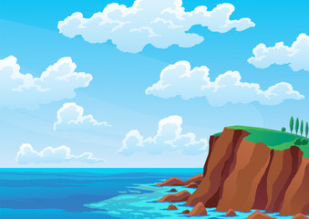 Sea landscape. Rocky coast under cloudy sky. Ocean beach and cliff.  colored flat cartoon illustration of seascape