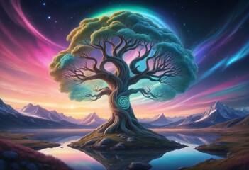 Wall Mural - Isolated Yggdrasil Tree of Life. 3D Illustration of a Nordic Mythological Landscape with Aurora Polar Lights. Generative AI